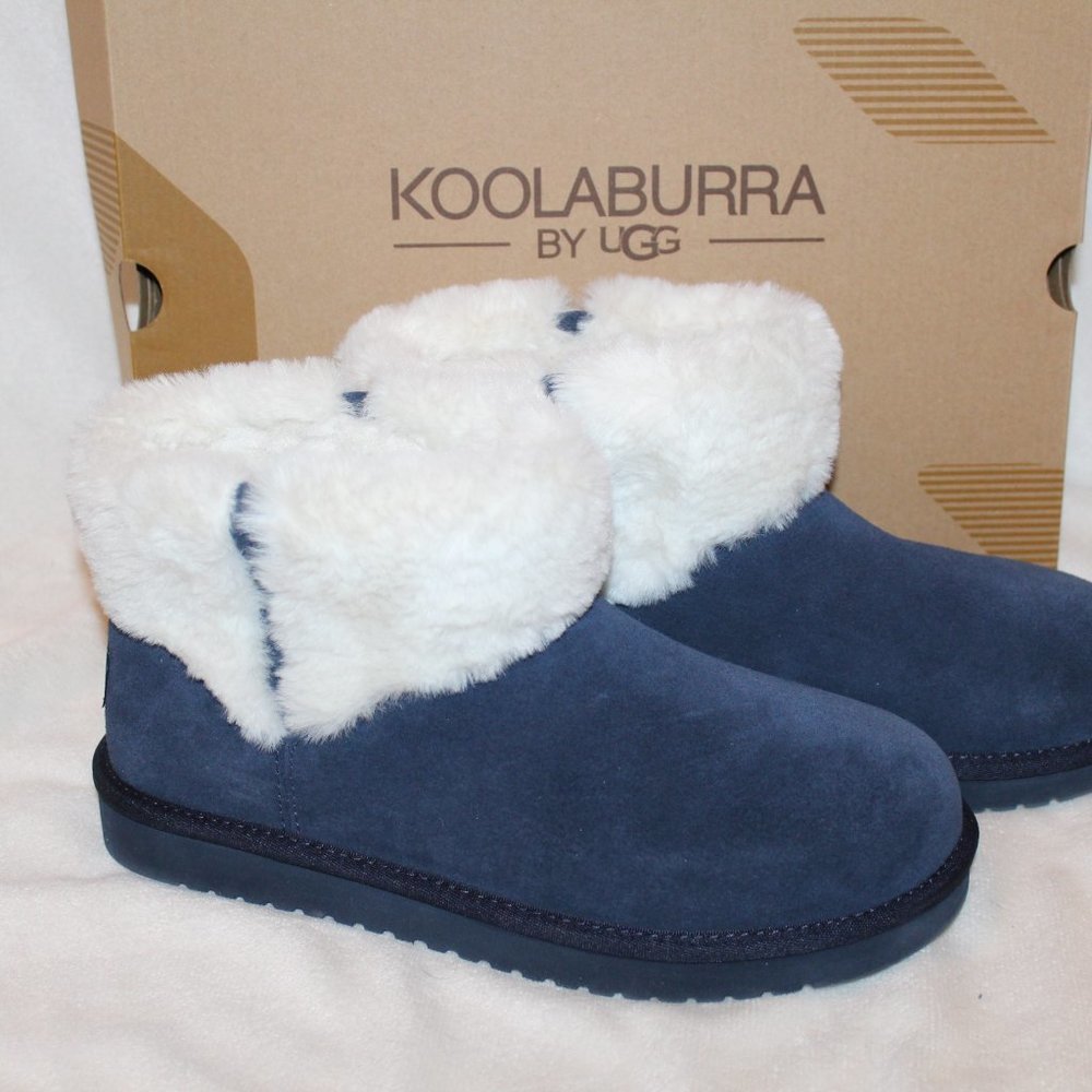 NIB UGG KOOLABURRA ABREI MINI SUEDE‎ FUR TRIMMED BOOTS NAVY BLUE